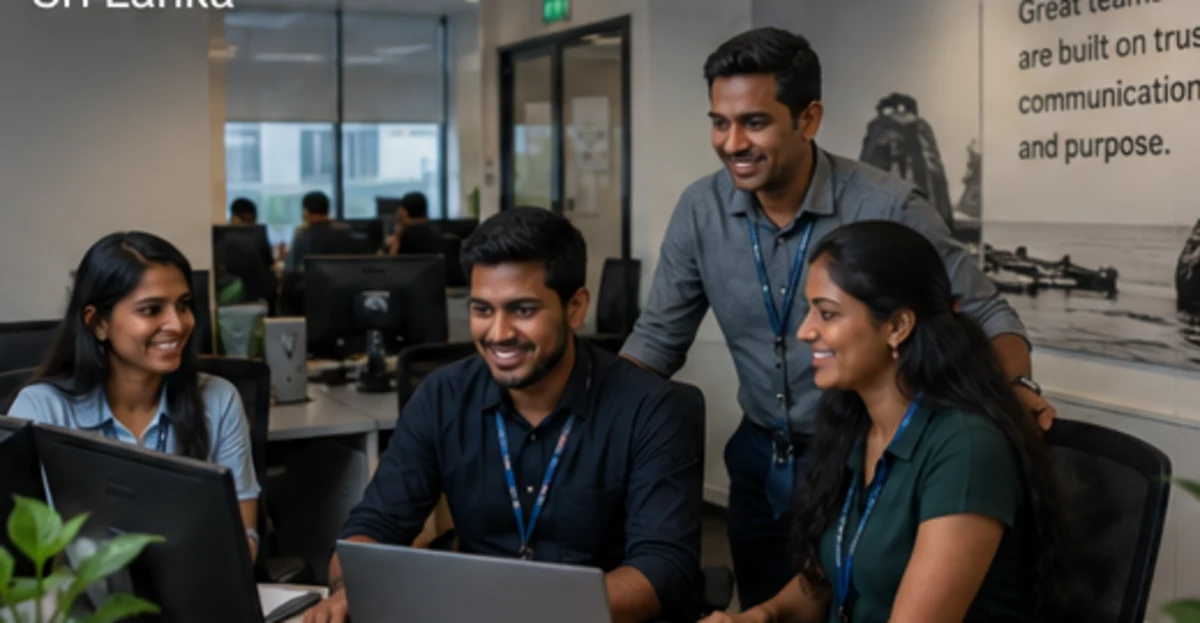 Sri Lankan team collaborating around a laptop